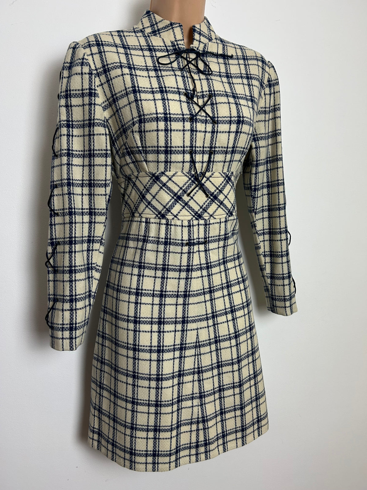 Vintage 1960s Size 8 Cream & Blue Check Pattern Wool Long Sleeve Lace Up Detail Mod Dress