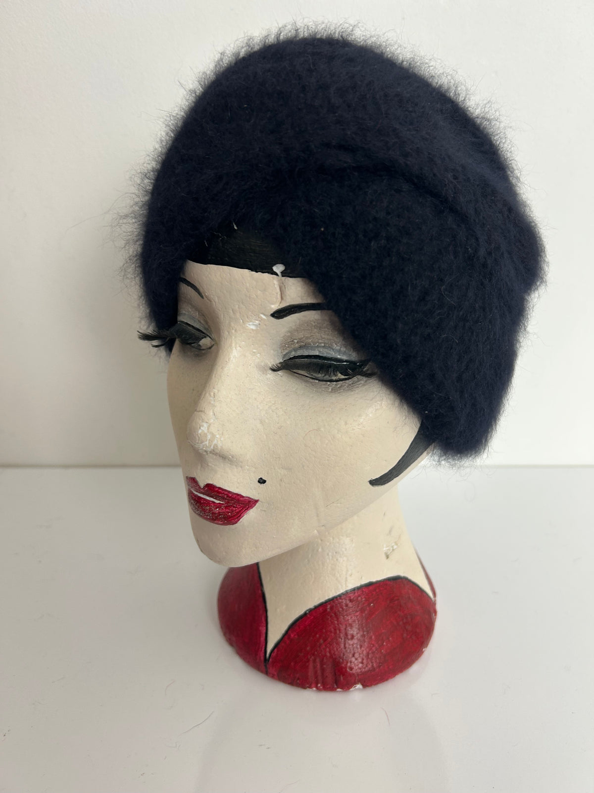 Vintage THELEN Black Wool & Angora Mix Turban Style Beanie Hat