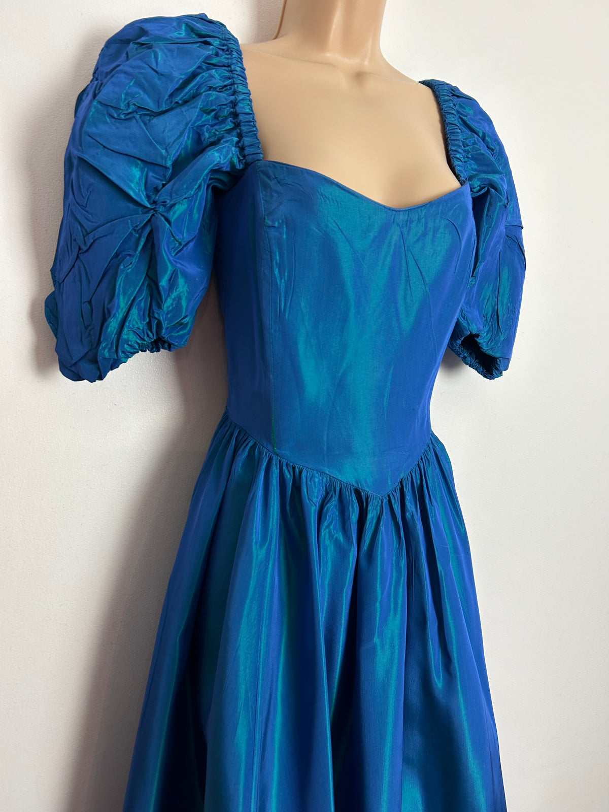 Vintage 80s LAURA ASHLEY UK Size 8-10 (Size 14 On Label) Petrol Blue Iridescent Short Puffed Sleeve Maxi Length Ballgown Occasion Dress