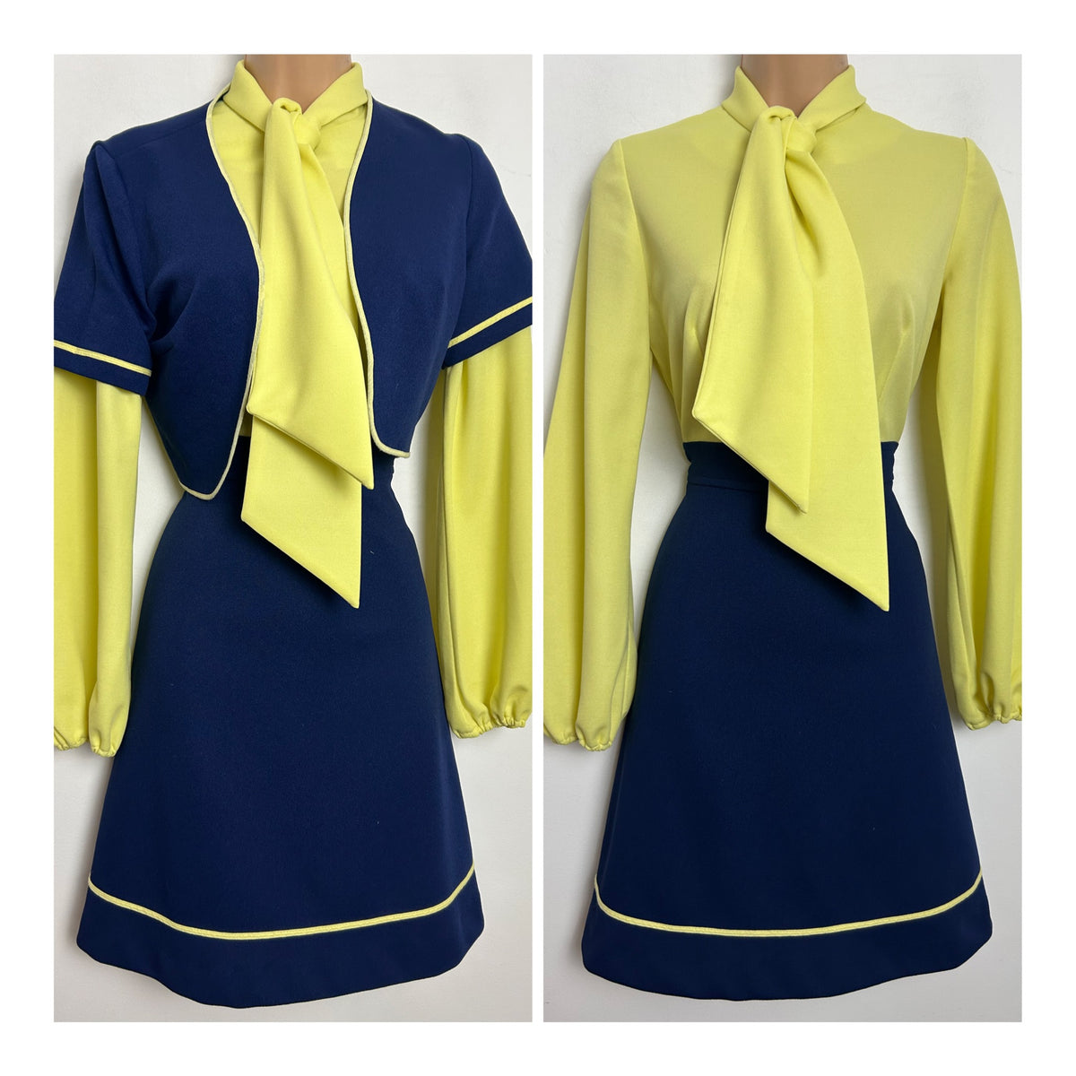 Vintage 1960s Size 8 Navy Blue & Yellow Scarf Neck Long Sleeve Mod Dress & Matching Jacket (Copy)