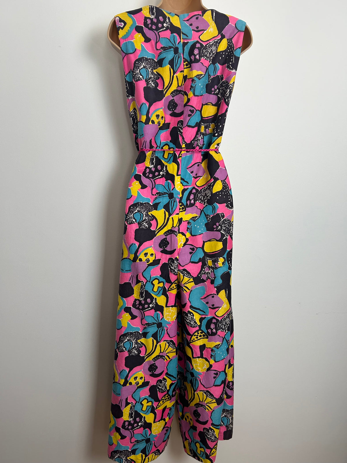 Vintage 1970s 12 Black Blue Yellow & Pink Psychedelic Floral Print Cotton Wide Leg Jumpsuit