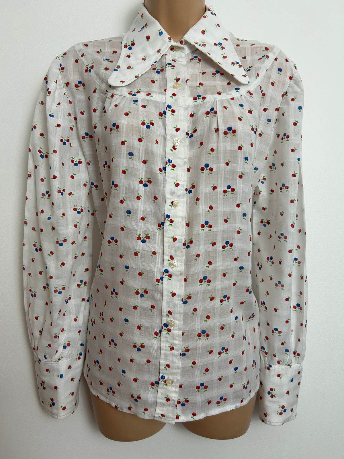 Vintage 1970s Size 14 White Red & Blue Apple Print Beagle Collar Cotton Shirt
