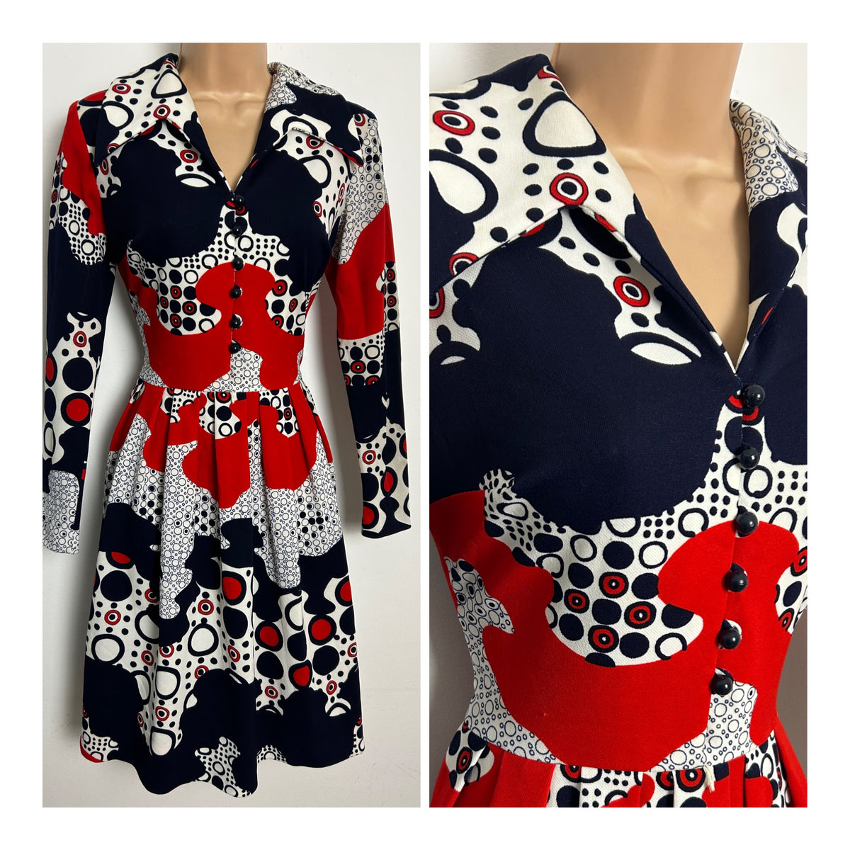 Vintage Late 1960s COVER GIRL OF AMERICA Size 8 Blue White & Red Abstract Spot Print Mod Dress