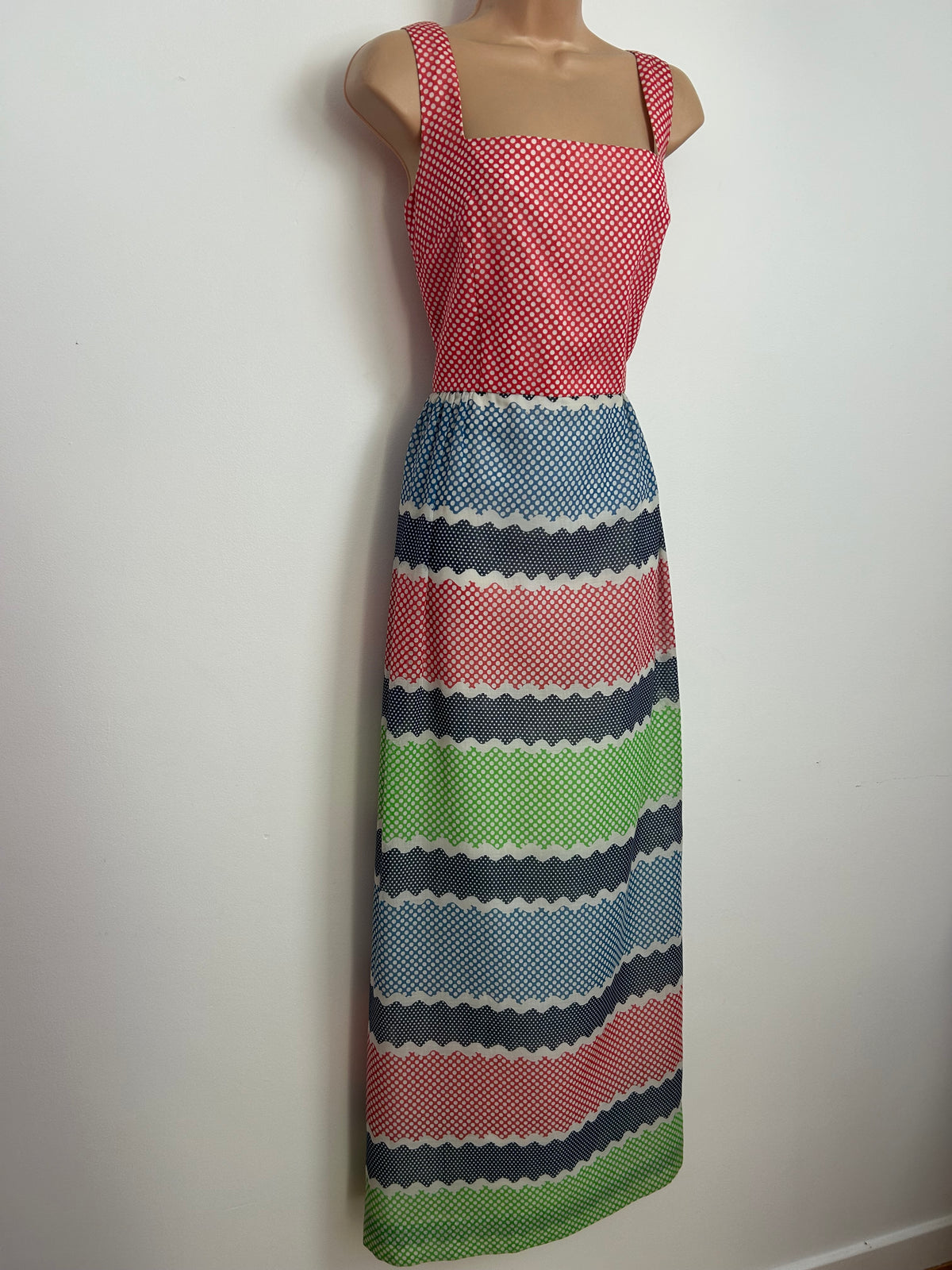 Vintage 1970s ROTER COUTURE Size 10 Red Blue Green & White Polka Dot Cotton Mix Summer Maxi Dress