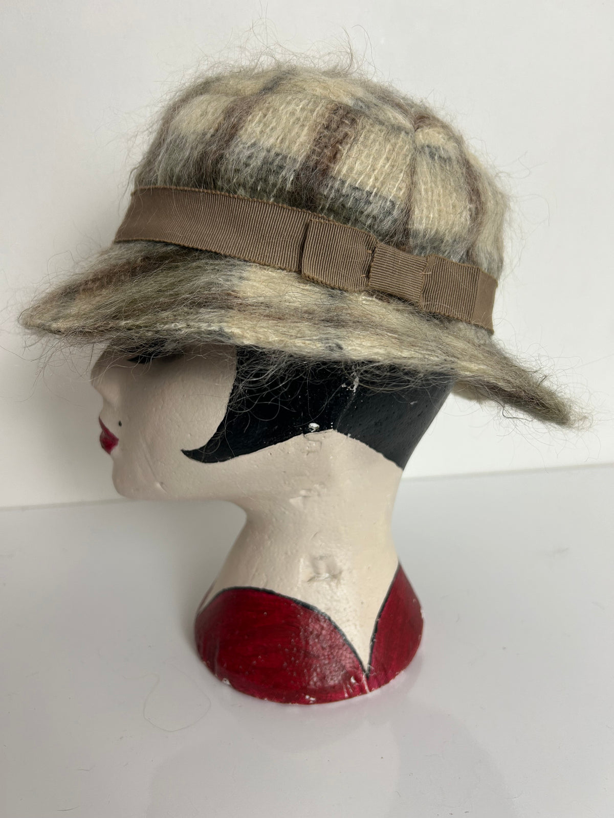 Vintage Brown & Beige Check Wool & Angora Mix Trilby Style Hat