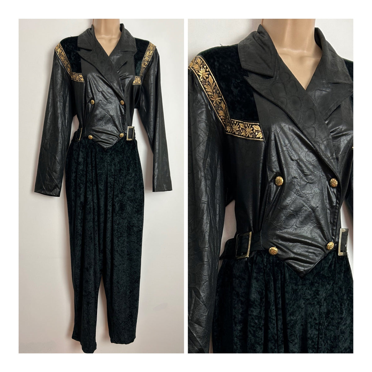 Vintage Extreme 1980's Size 14 Black Wet Look & Velour Gold Braid Trim Long Sleeve Side Buckle Fastenings Jumpsuit
