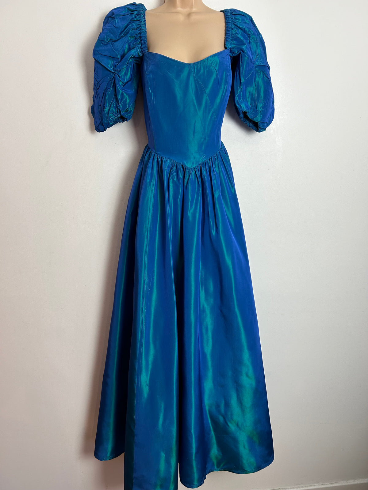 Vintage 80s LAURA ASHLEY UK Size 8-10 (Size 14 On Label) Petrol Blue Iridescent Short Puffed Sleeve Maxi Length Ballgown Occasion Dress
