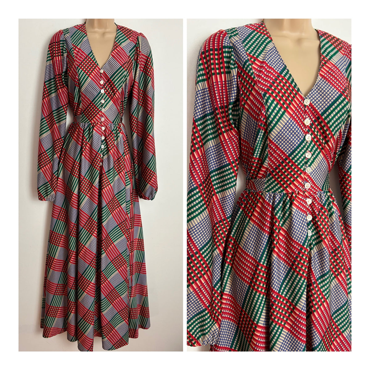 Vintage 1970s BETTY BARCLAY UK Size 8 Green Red Beige & Blue Check Print Long Sleeve Tie Back Maxi Dress