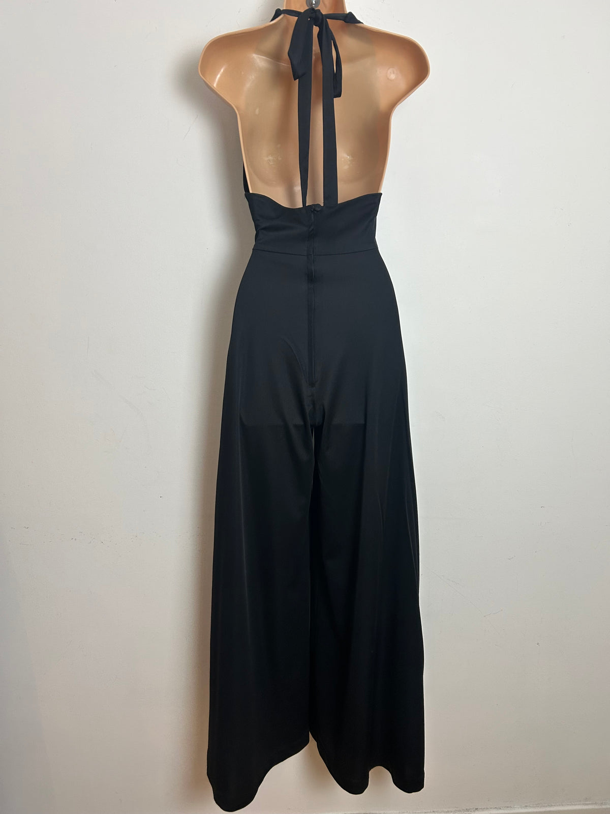 Vintage 1970s Size 4-6 Black Halter Neck Open Back Wide Leg Occasion Evening Jumpsuit