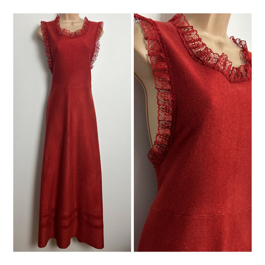 Vintage 1970s ST MICHAEL Size 10 Terracotta Lace Trim Open Side Maxi Dress