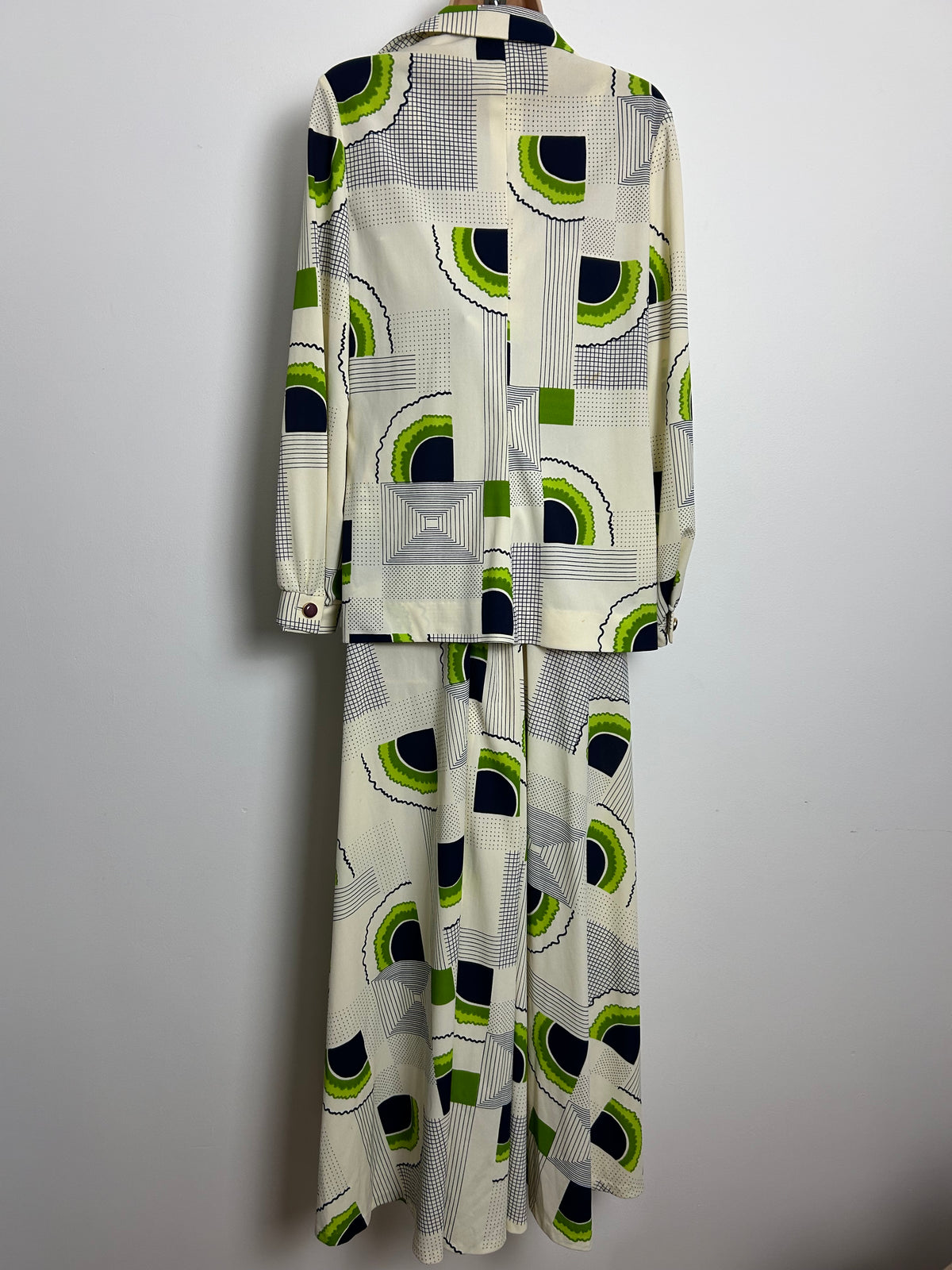 Vintage 1970s MARISA By Kitty Copeland Size 10-12 Cream Navy Blue & Green Abstract Print Dress & Matching Dagger Collar Open Fronted Shirt  Style Jacket