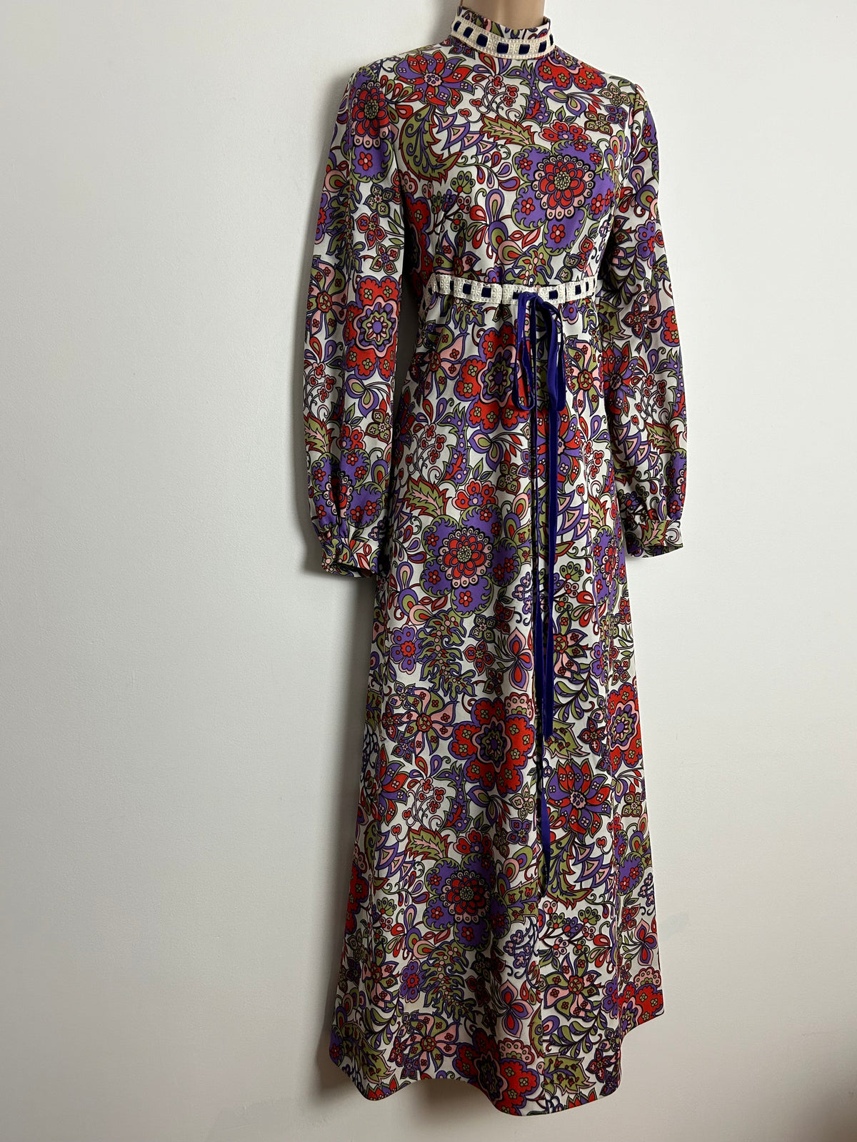 Vintage 1970s Homemade UK Size 12 White Purple Red Green Floral Print Long Sleeve Tie Waist Boho Maxi Dress