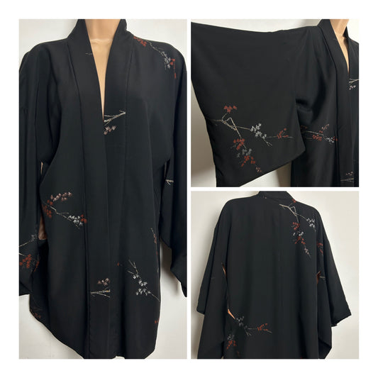Vintage Up To Size 12-14 Original Japanese Black Dark Orange & Silver Glitter Floral Haori Kimono Jacket