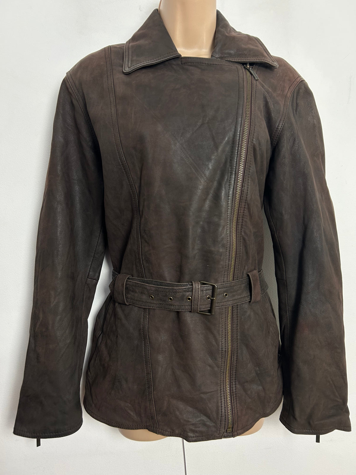 Vintage 1980s MADDOX Approx UK Size 12-14 Brown Zip Fronted Belted Leather Jacket