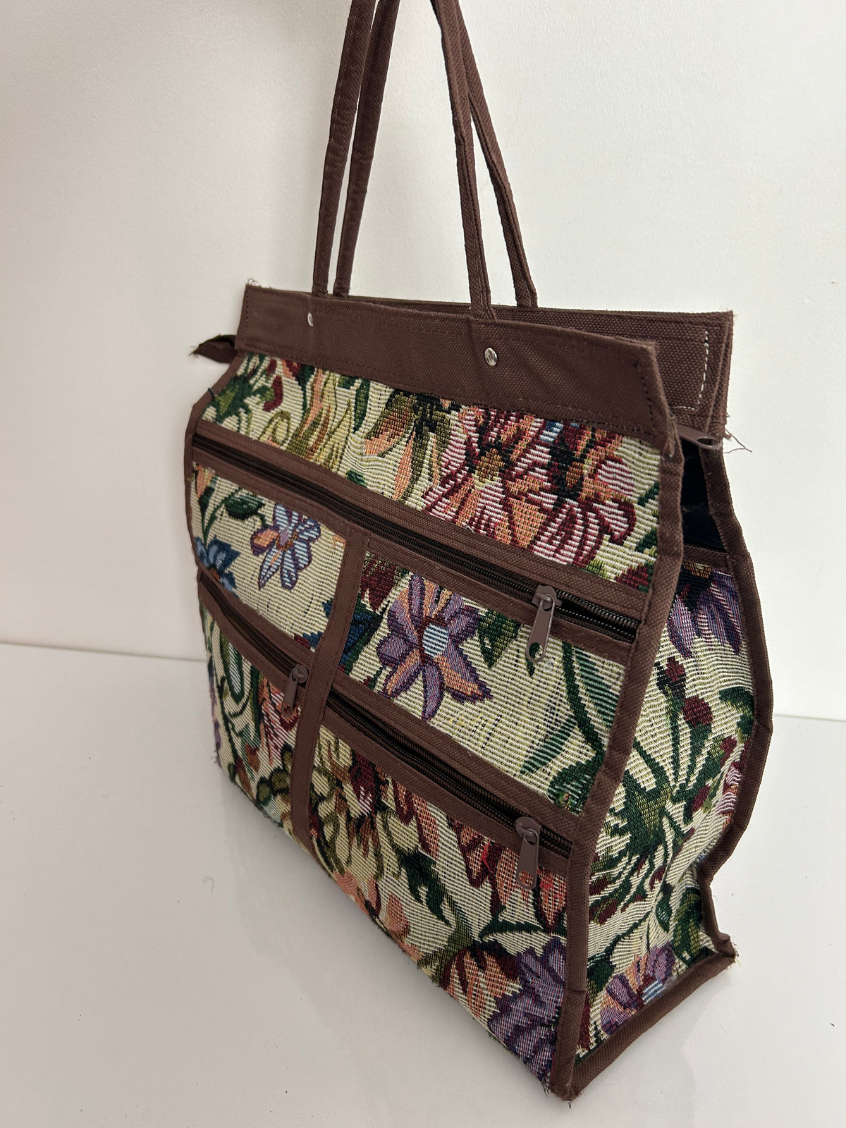 Vintage 1980s Brown Canvas Floral Tapestry Zip Pocket Shopping Bag