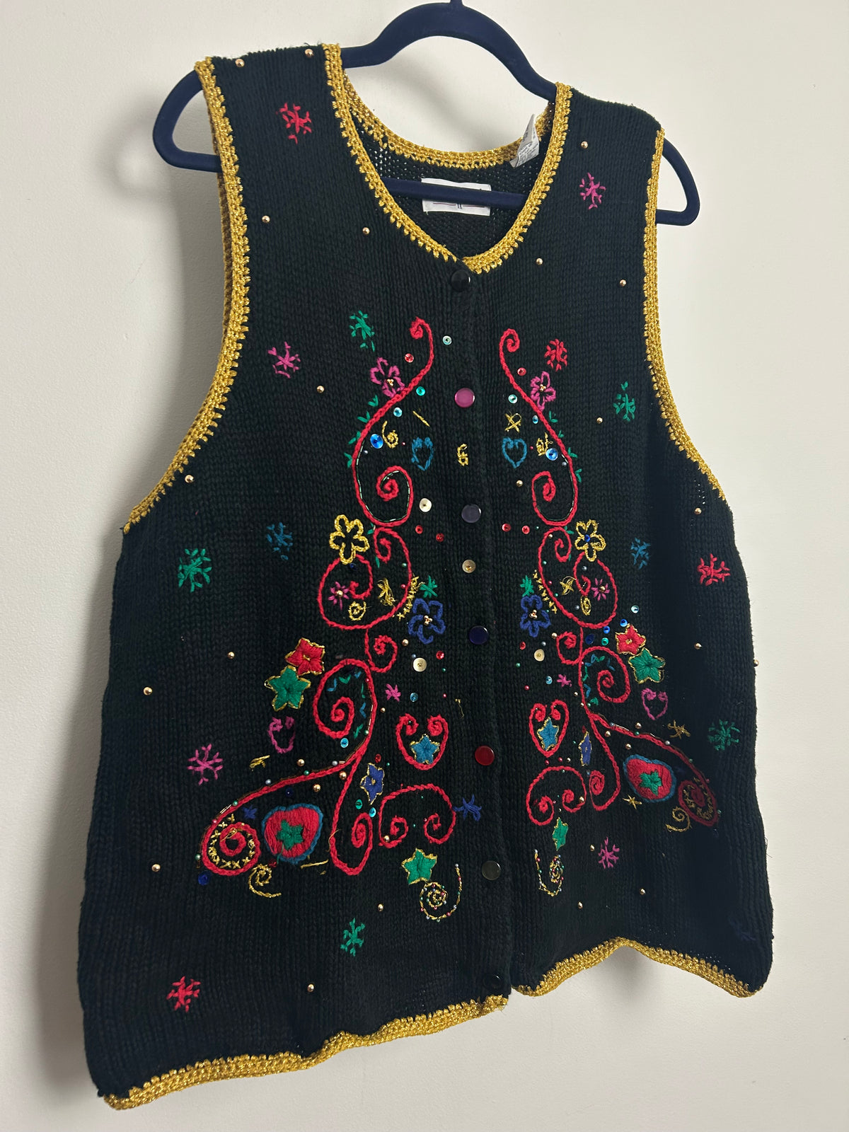 Vintage 1980s WESTBOUND Black Embellished Christmas Sweater Vest Cardigan Up To 16