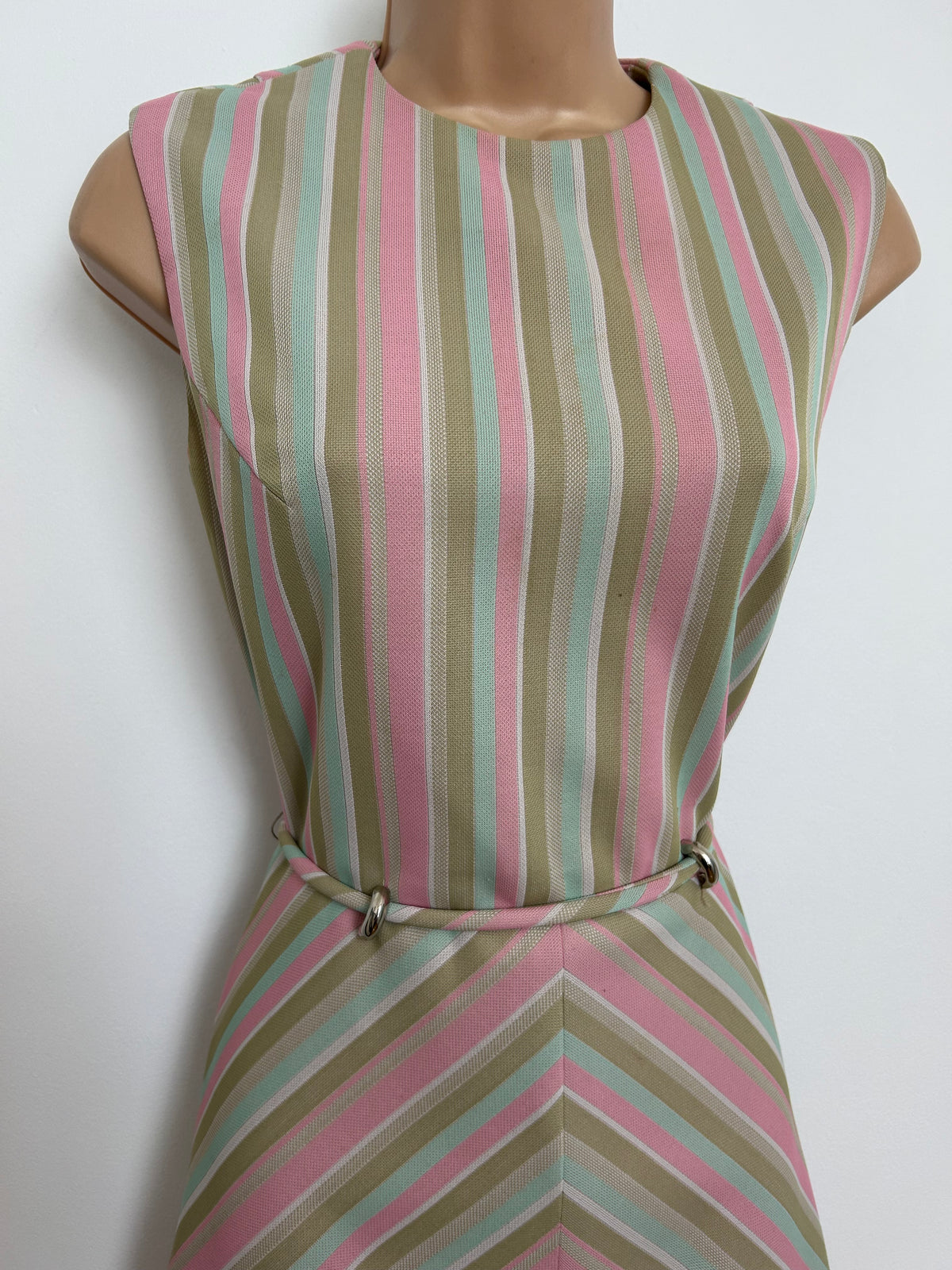 Vintage 1960s Size 10 Green Pink & Mint Stripe Print Belted Mod Day Dress