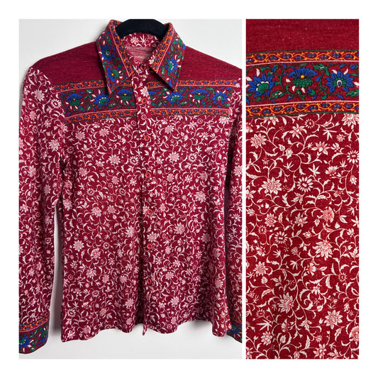 Japanese Vintage 1970s UK Size 8 Red  White Floral Print Long Sleeve Cotton Jersey Shirt