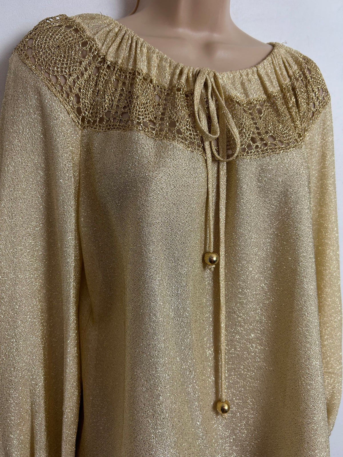 Vintage 1980s UK Size 14-16 Gold Lurex Crochet Panel Tie Neck Xmas Party Blouse