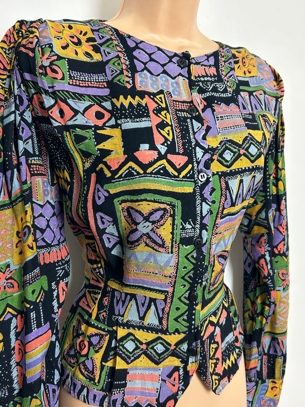 Vintage 1980s NEW FASHION Size 12 Black Multicolour Abstract Print Rayon Blouse