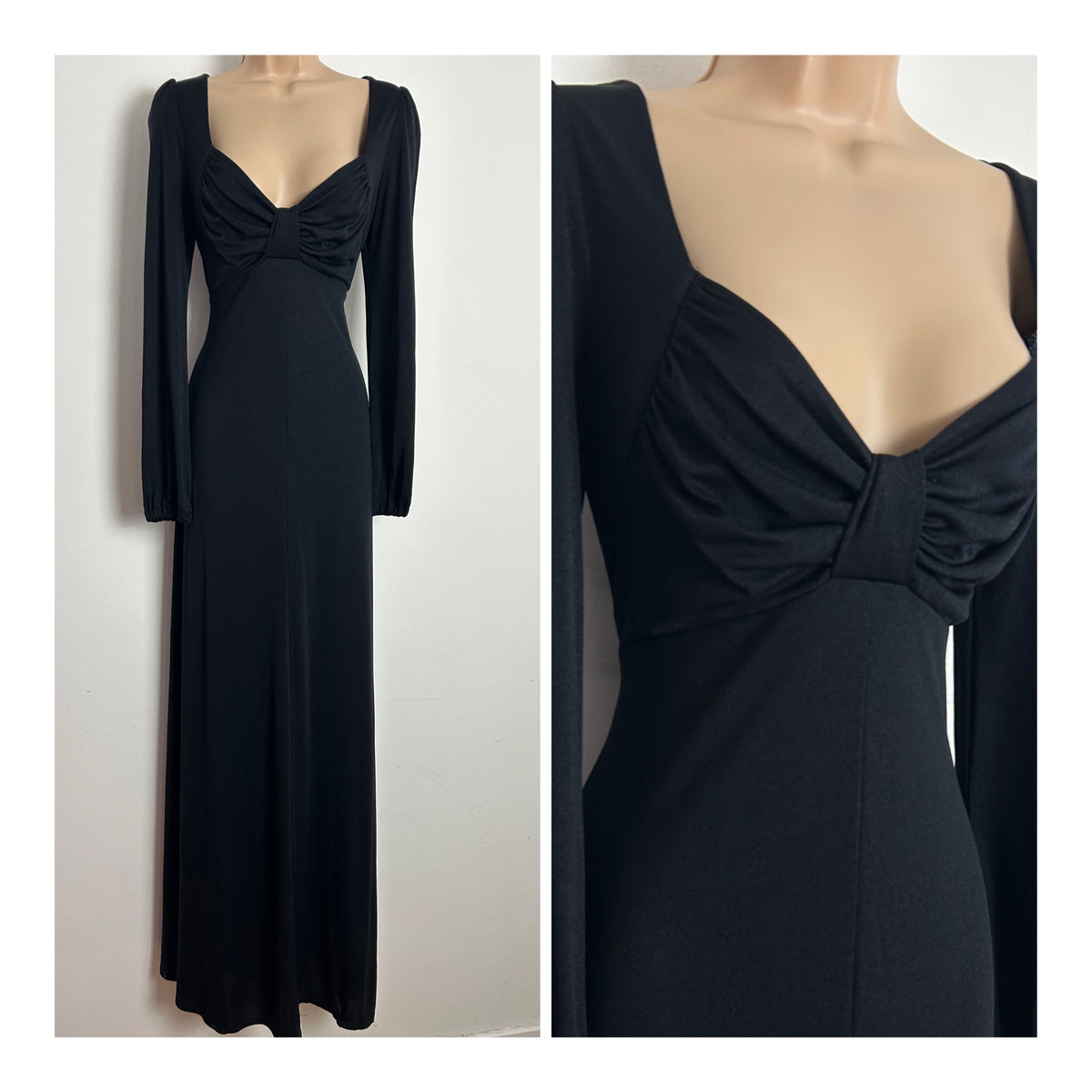 Vintage 1970s ZANIE Size 10-12 Black Sweetheart Neckline Long Sleeve Maxi Dress