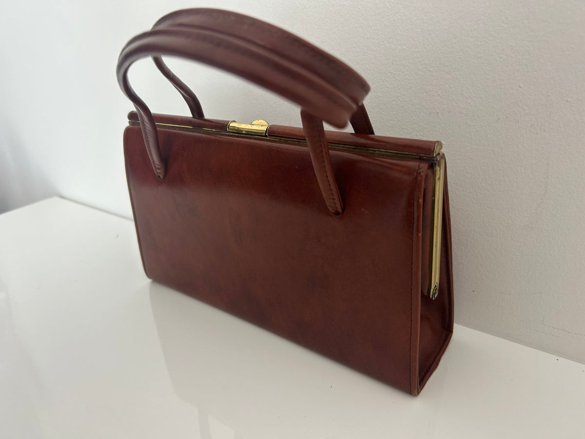 Vintage Early 1960s JONELLE Small Chestnut Brown Real Leather Kelly Style Handbag