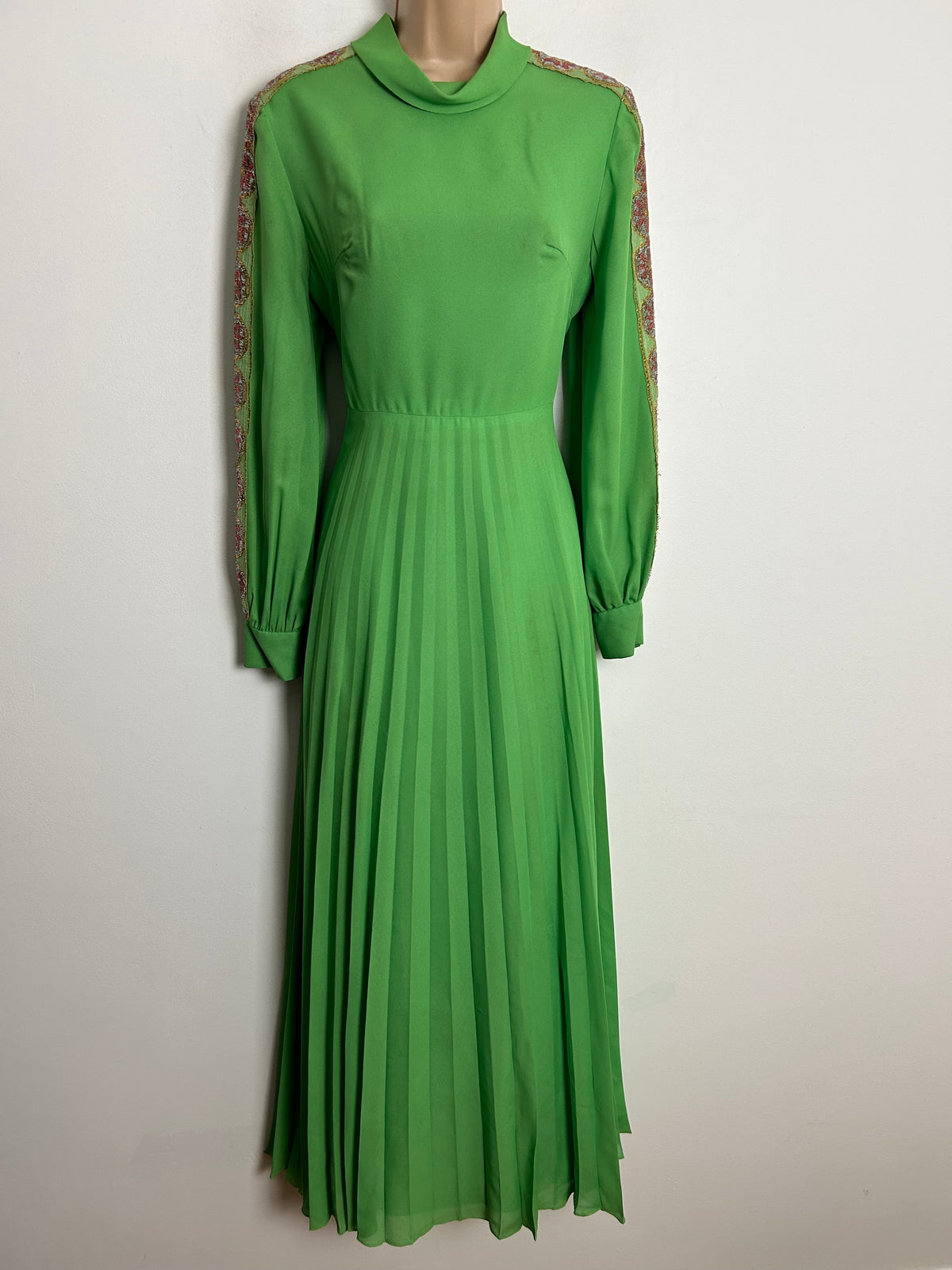 Vintage 1970s UK Size 10 Lime Green Chiffon Pleated Long Sleeve Glittery Braid Trim Occasion Maxi Dress