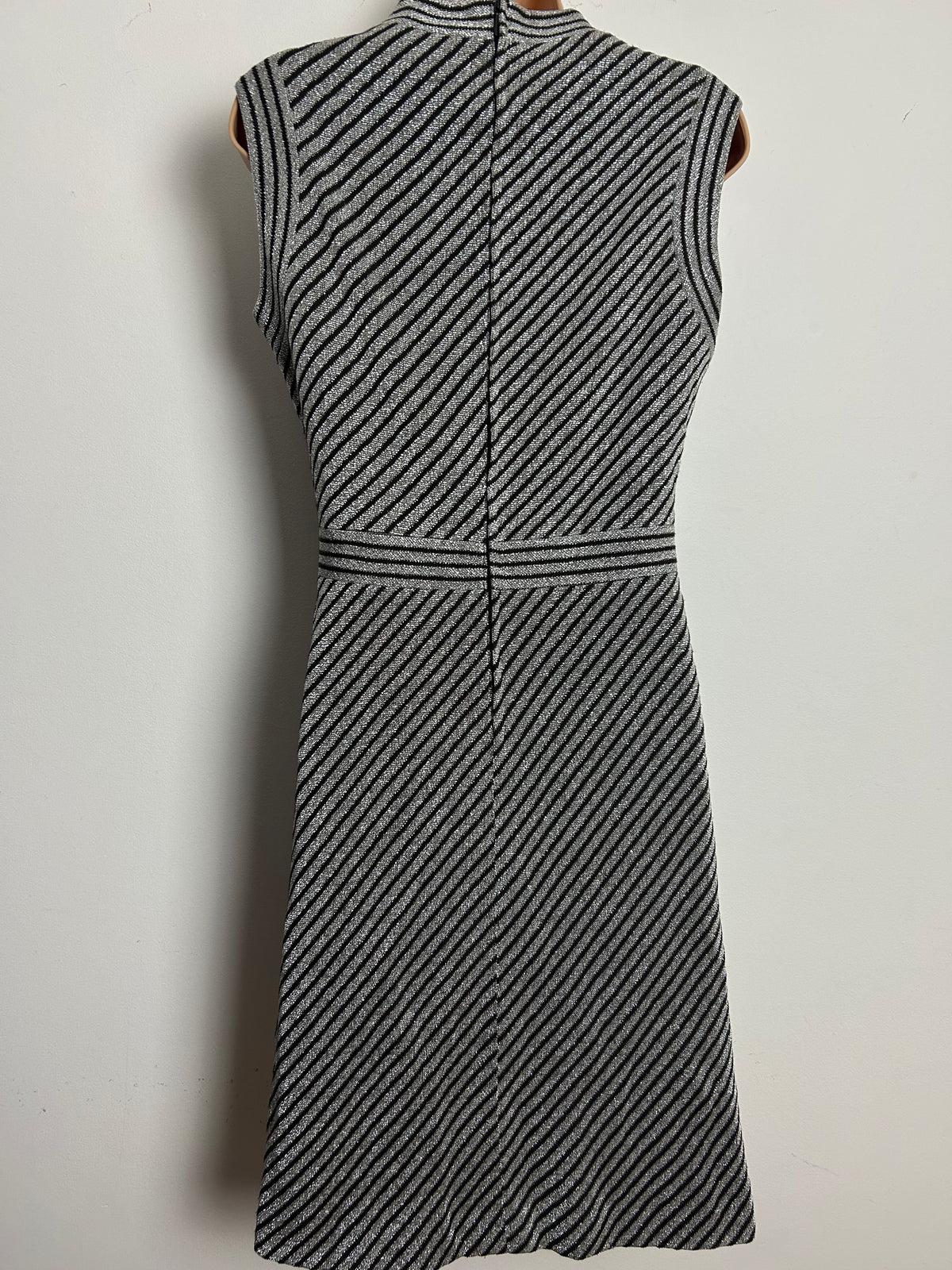 Vintage 1960s Size 12 Silver & Brown Lurex Stripe Bow Detail Mod Party Dress