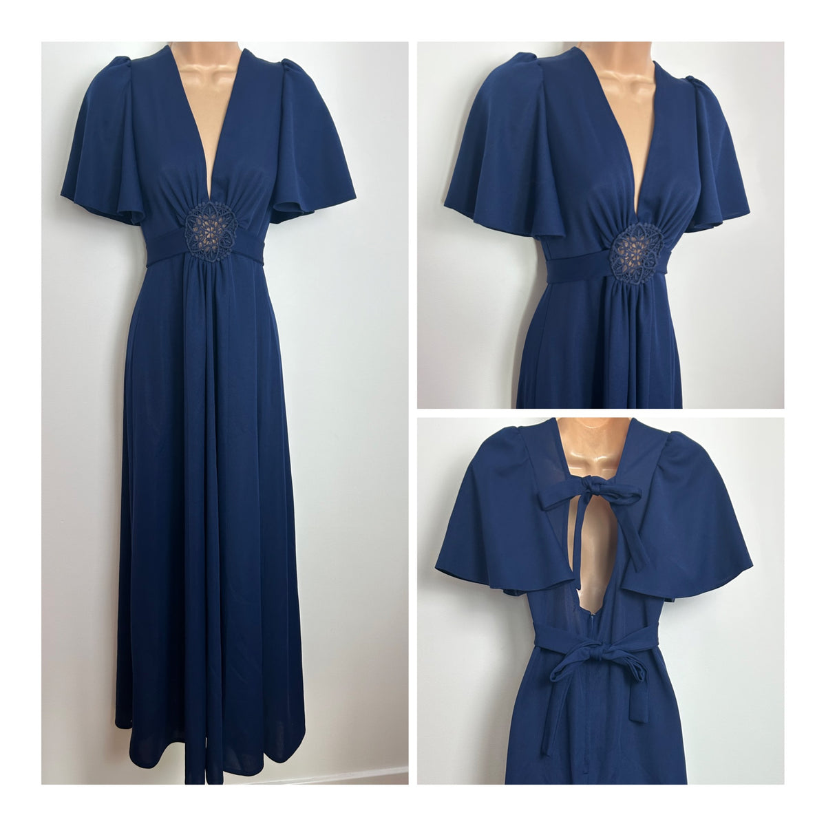 Vintage 1970s Size 8 Navy Blue Open Back Tie Back Flutter Sleeve Boho Maxi Dress