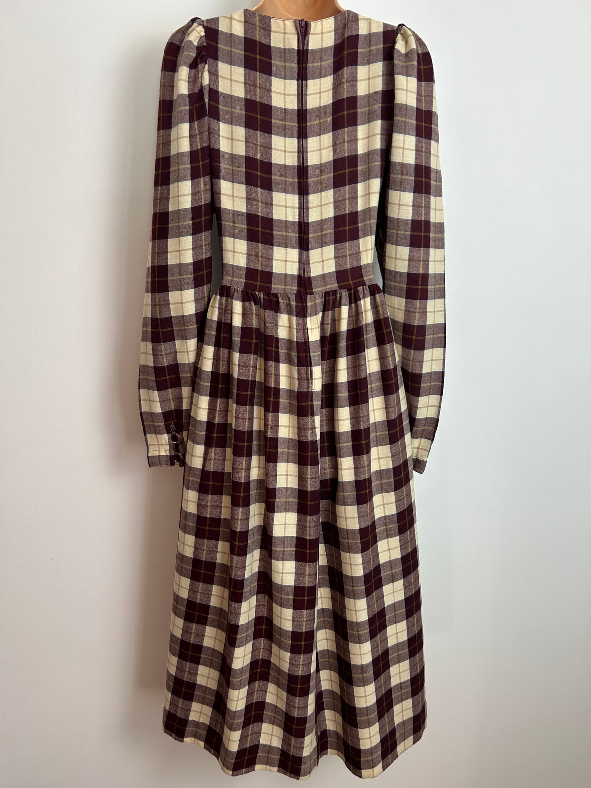 Vintage 1980s LAURA ASHLEY UK Size 10 (Size 12 On The Label) Maroon & Cream Check Print Wool & Cotton Mix Day Dress