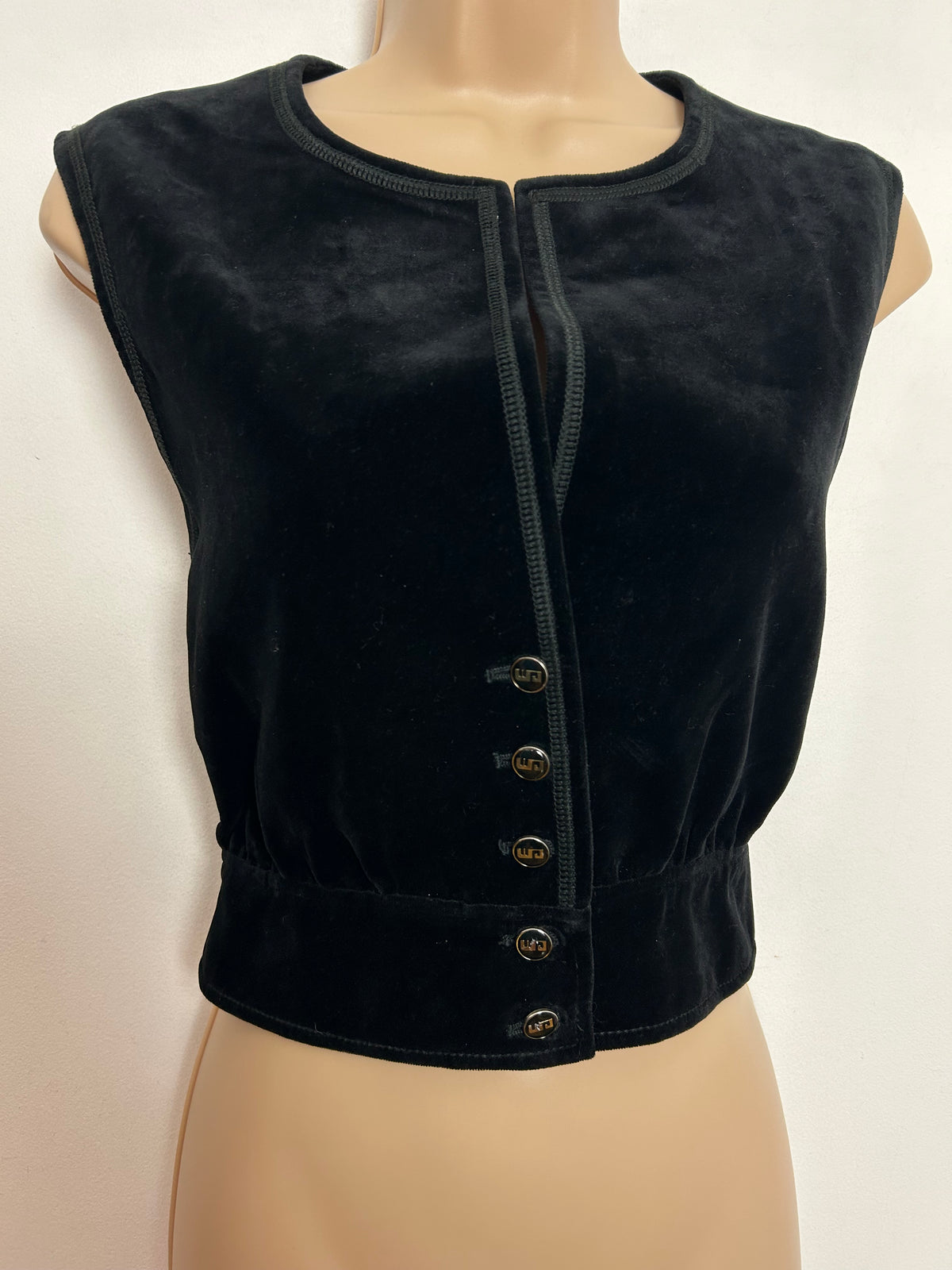 Vintage 1970s UK Size 8 Black Velvet Button Up Waistcoat