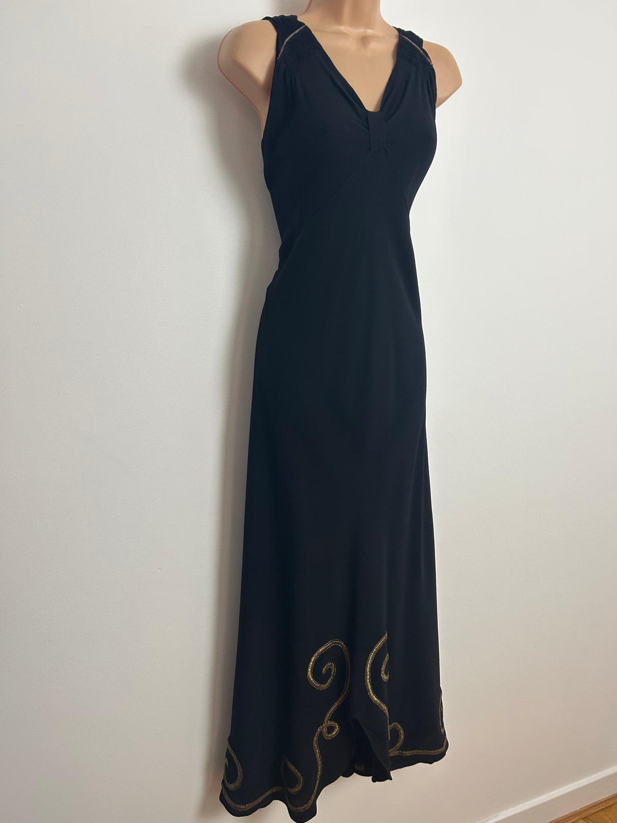 Vintage Original 1940s Size 8 Black Rayon Gold Thread Embroidered Swirl Pattern Occasion Evening Maxi Dress