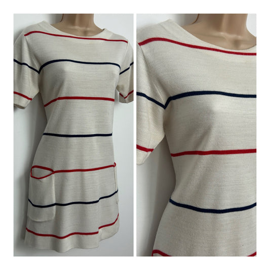 Vintage 1960s Size 10-12 White Navy & Red Stripe Pocket Detail Short Sleeve Sporty Style Mini Shift Dress