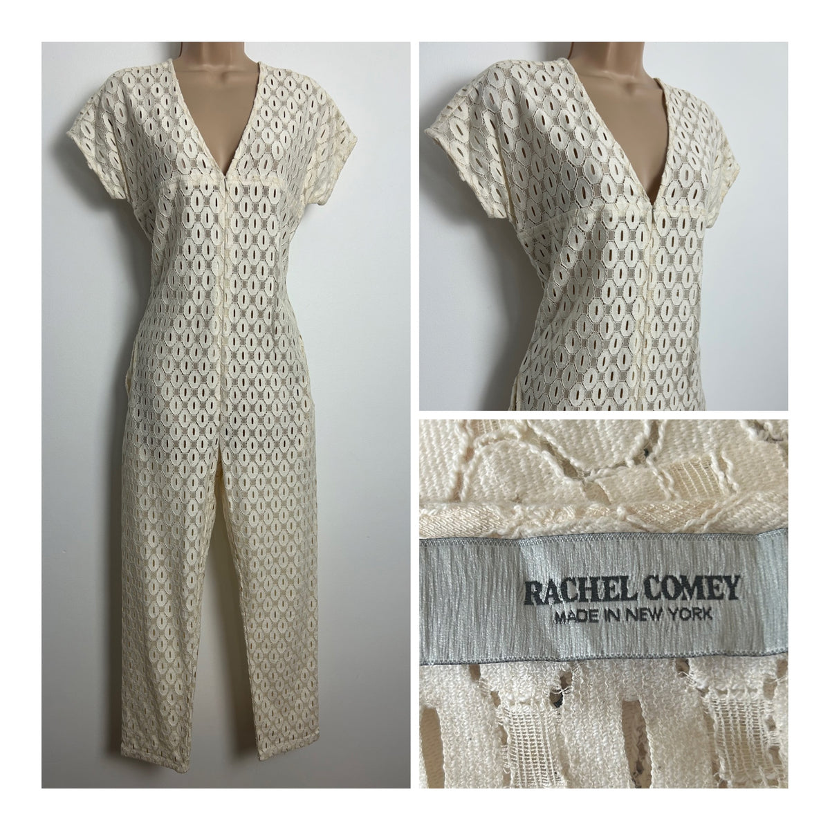Designer RACHEL COMEY Size 2 (UK Size 10) Cream Cotton Mix Lace "Glinda" Jumpsuit RRP £664 £