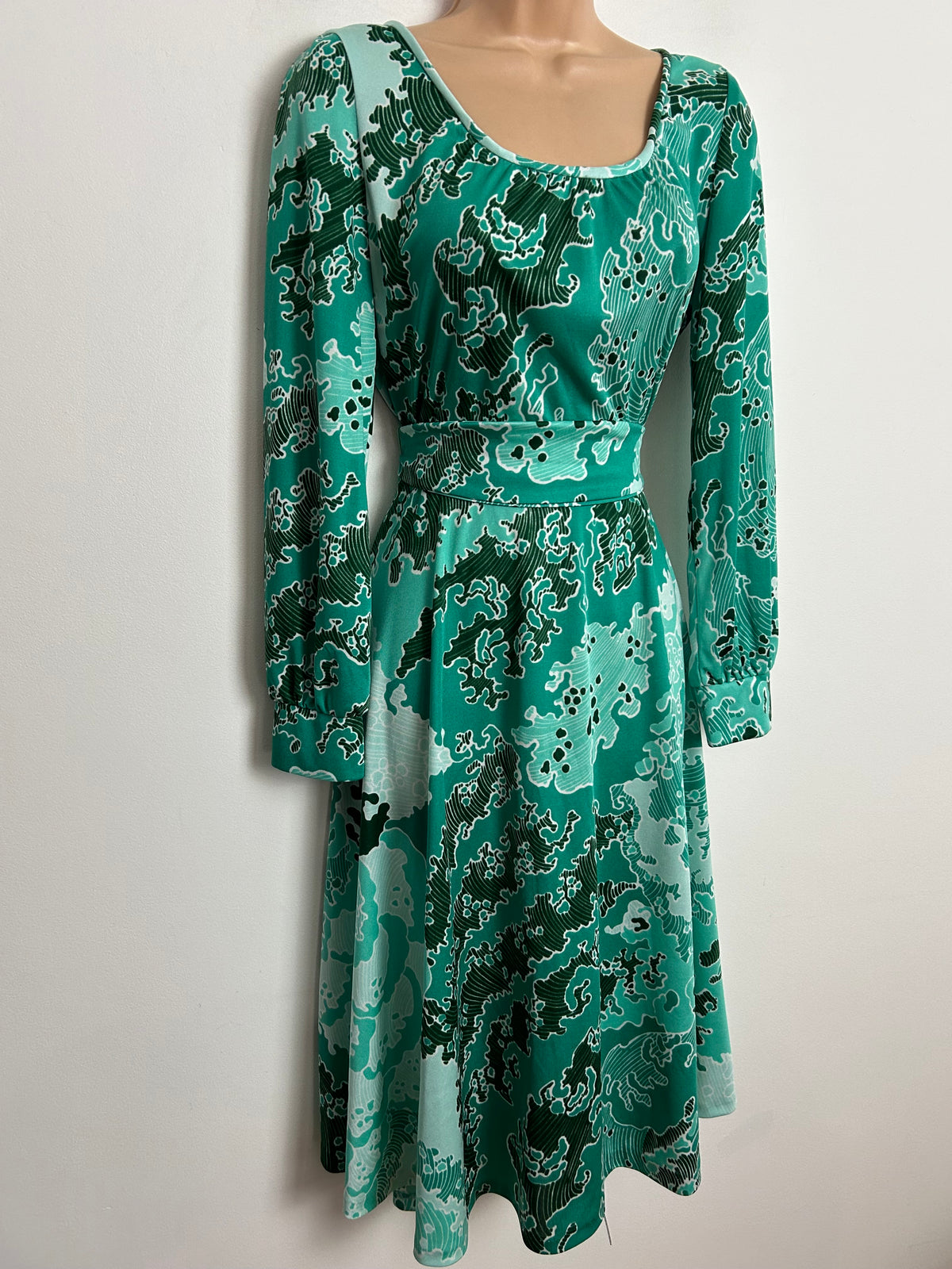 Vintage Late 1970s SIDGREENE OF LONDON UK Size 12 Green Tones Abstract Print Belted Long Sleeve Day Dress