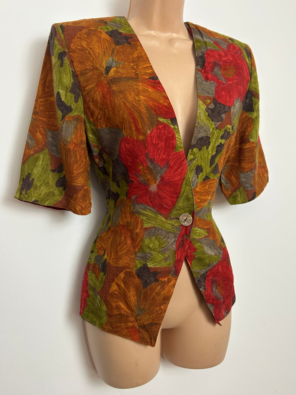Vintge 1980s DRESSAGE BY PAUL COSTELLO Size 8 Rusty Brown Red & Green Floral Linen Mix Short Sleeve Blazer