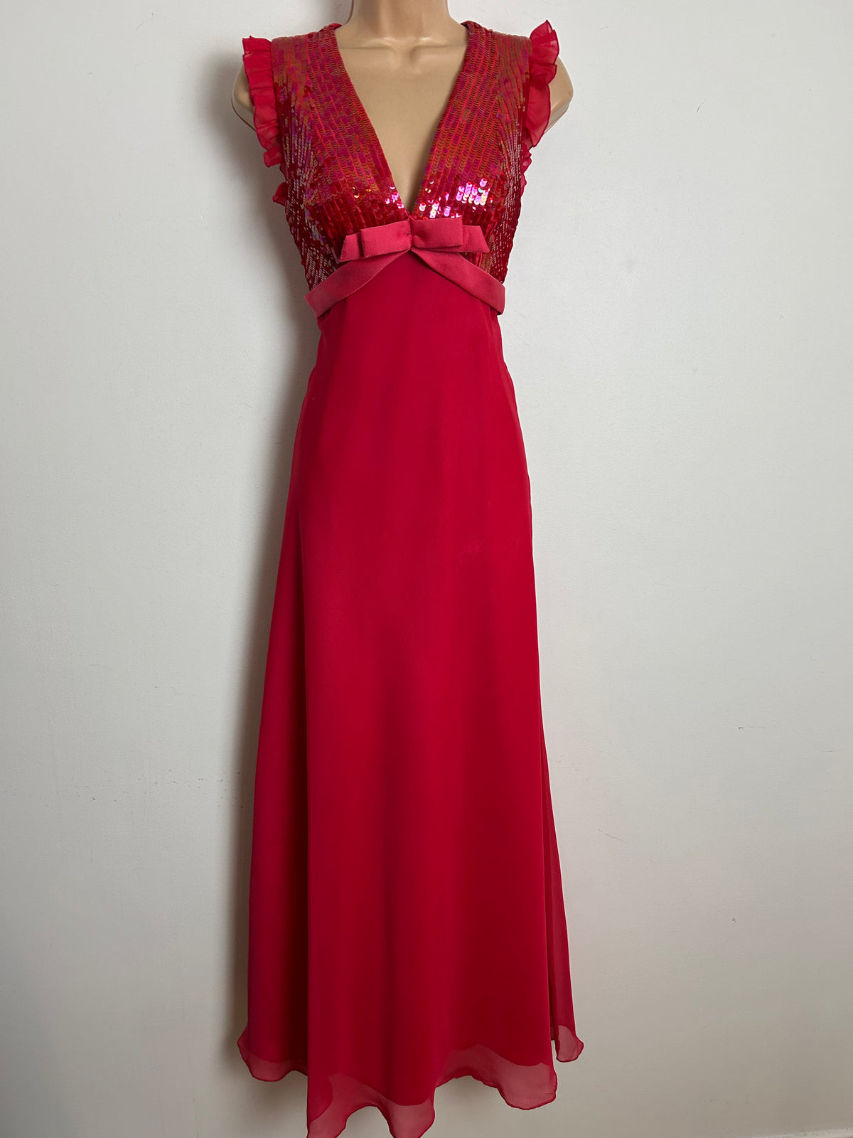 Vintage 1970s RADTKE & RADTKE Size 8 Raspberry Sequin Bodice Bow Detail Xmas Party Occasion Maxi Dress