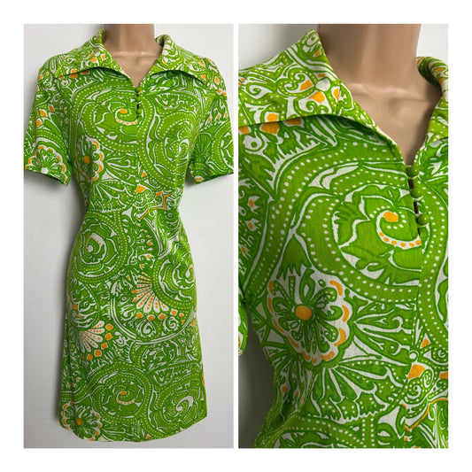 Vintage Late 1960s ST MICHAEL Size 14 Green White & Orange Floral Print Mod Shift Dress