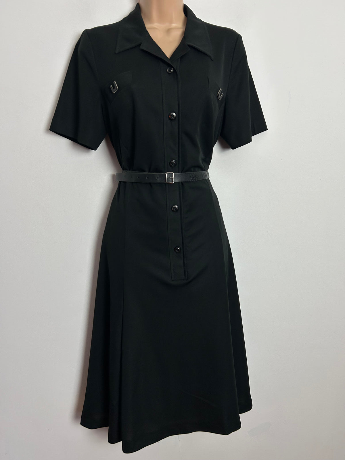 Vintage 1970s UK Size 12 Black Collared Mock Pocket Detail Belted Day Dress