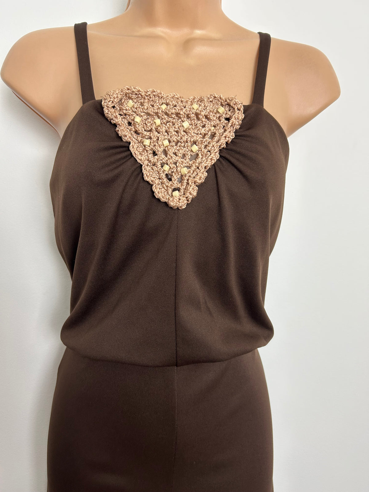 Vintage Late 1970s Size 8 Chocolate Brown Crochet Panel Wide Flared Leg Jumpsuit