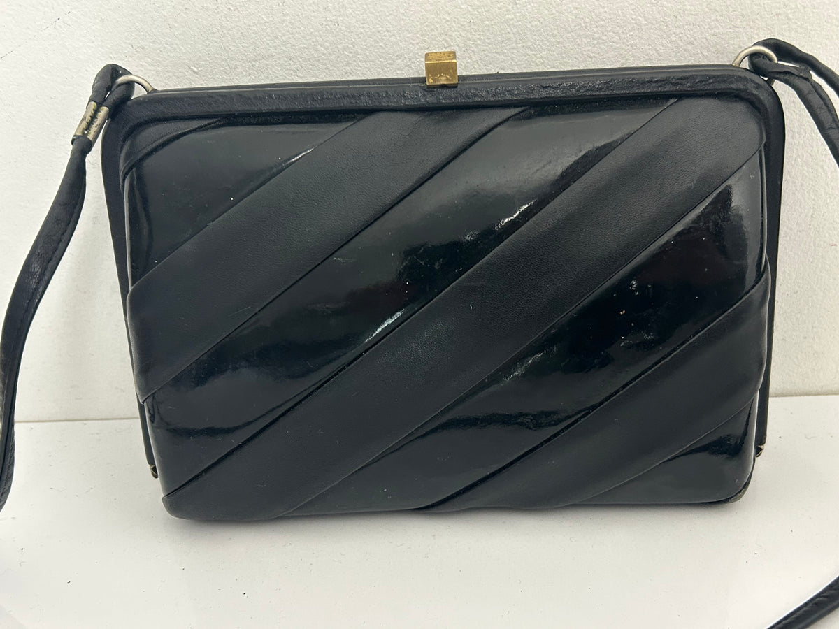Vintage 1960s Black Leather & Patent Panels Box Style Shoulder Handbag