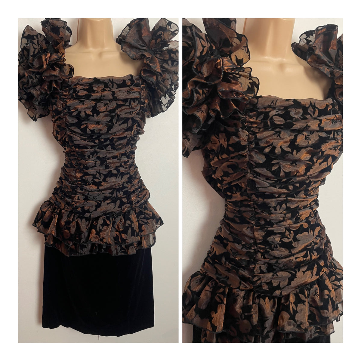 Vintage 1980s YESSICA UK Size 12 Black & Bronze Velvet Flock Ruffled Sleeve Party Prom Cocktail Dress