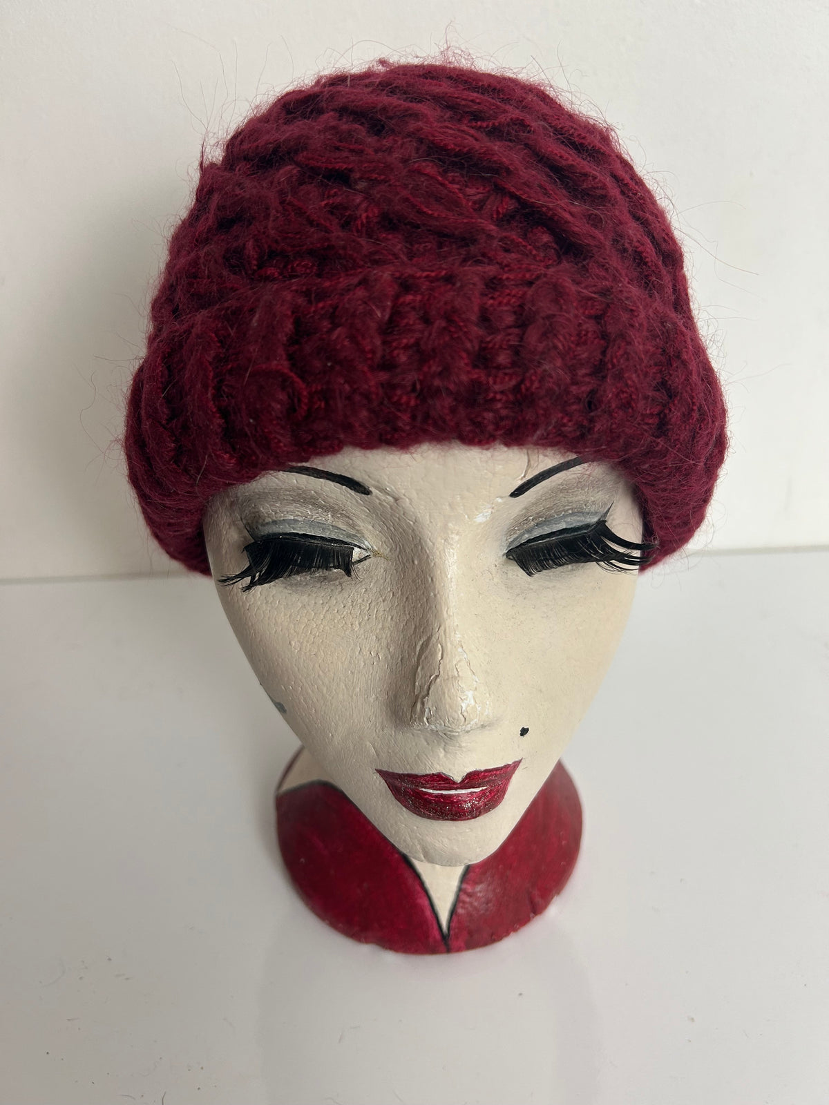 Vintage Italian Burgundy Chunky Knit Angora & Wool Mix Beanie Hat
