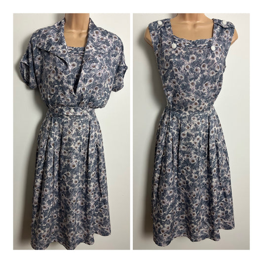 Vintage 1950s Size 10 Grey Tones Floral Print Pleated Dress & Matching Short Sleeve Jacket