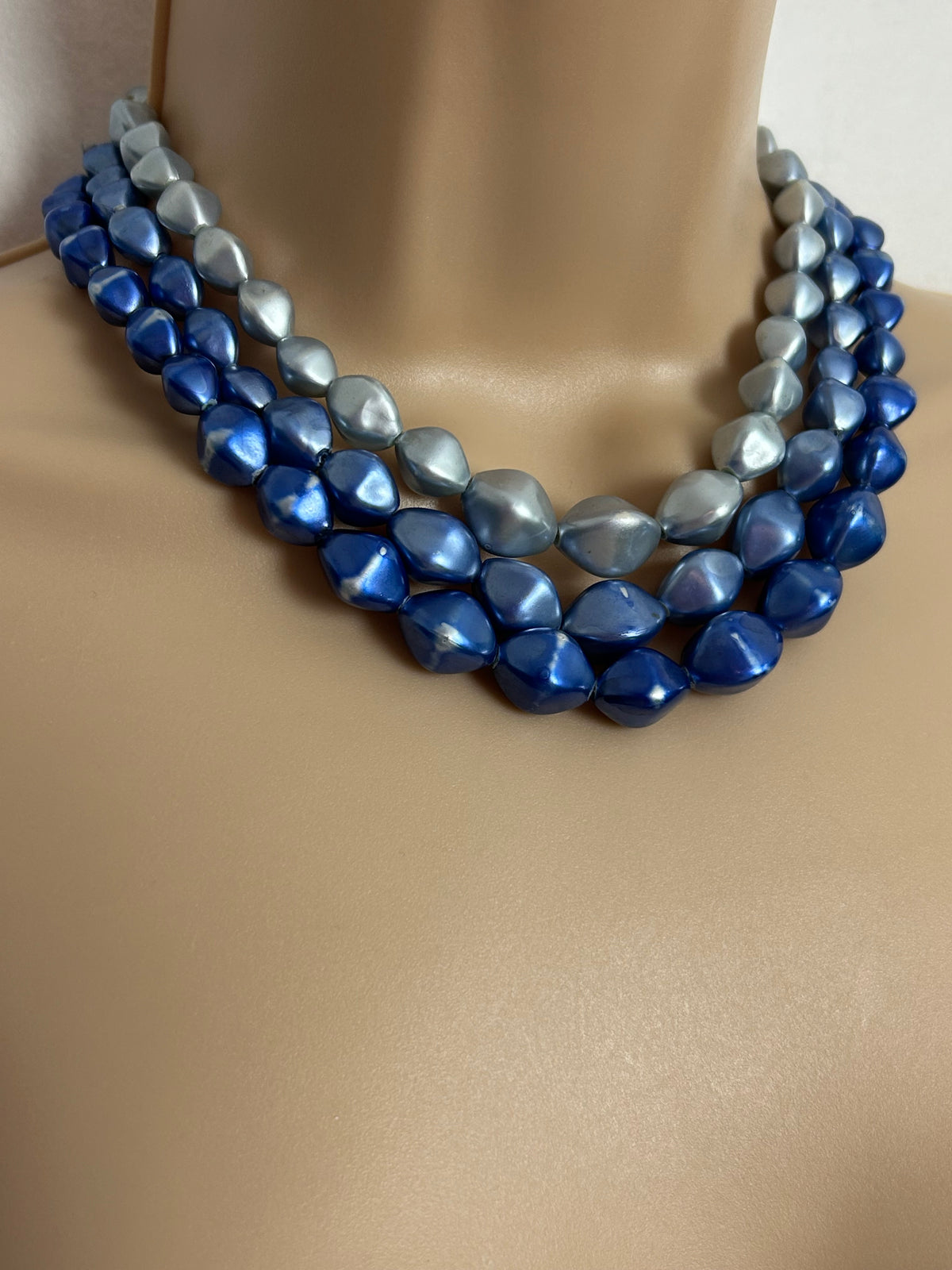 Vintage 1960s Blue Tones Plastic Bead Triple Strand Beaded Choker Necklace