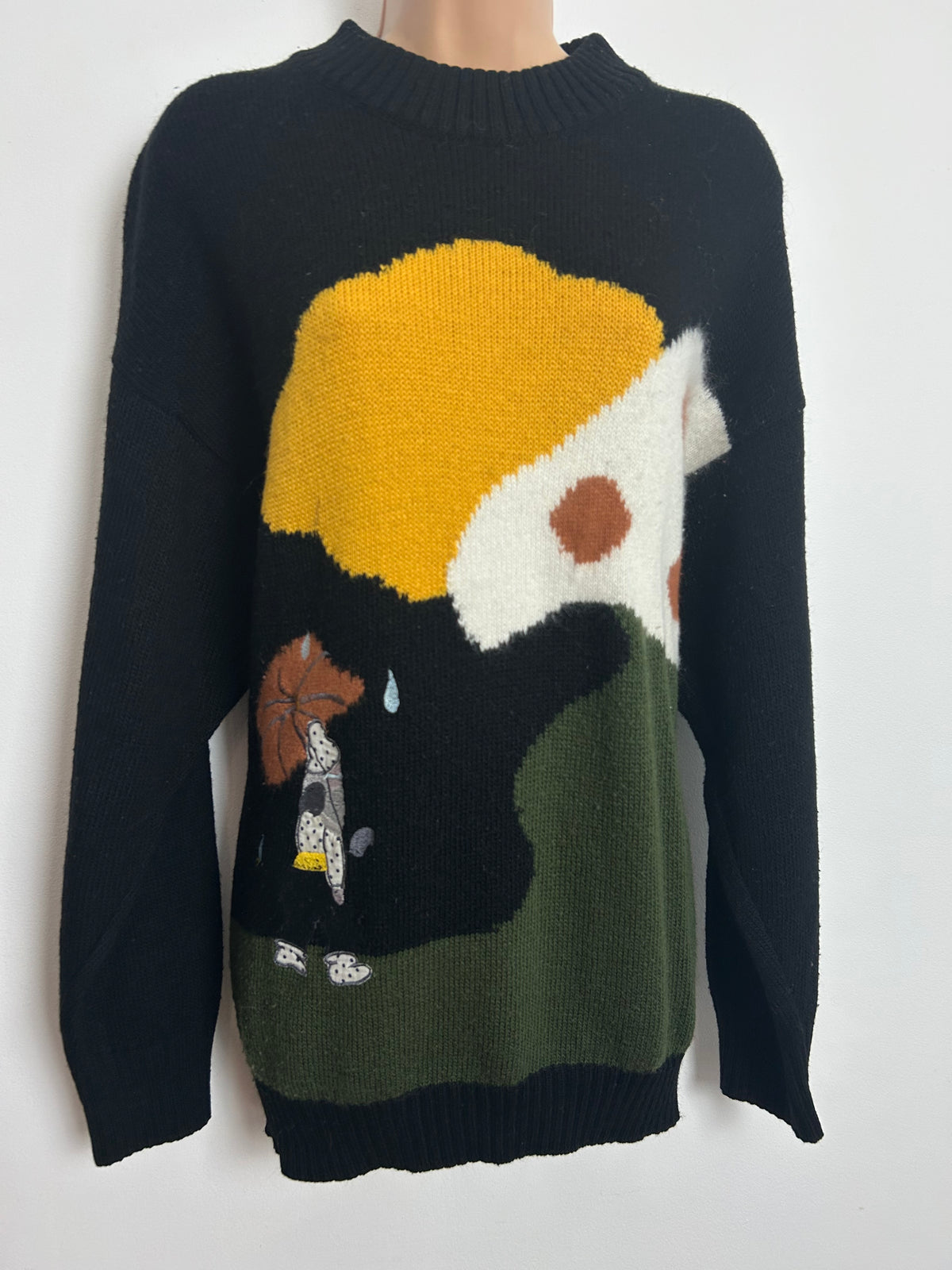 Vintage 1980s Size L (Up to Size 16) Black Mustard & Cream Figurine With Brolly Applique Long Sleeve Jumper