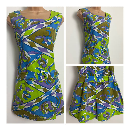 Vintage 1960s RARE Size 12 Blue Green & Purple Psychedelic Print Cotton Skorts Belted Mini Jumpsuit