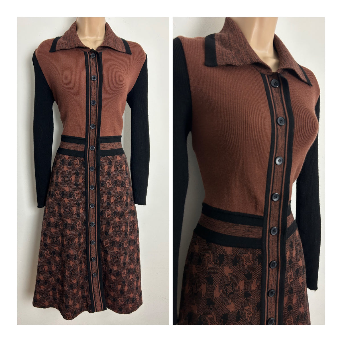 Vintage 1970s Size 8-10 Brown & Black Abstract Check Print Rib Jersey Mod Day Dress