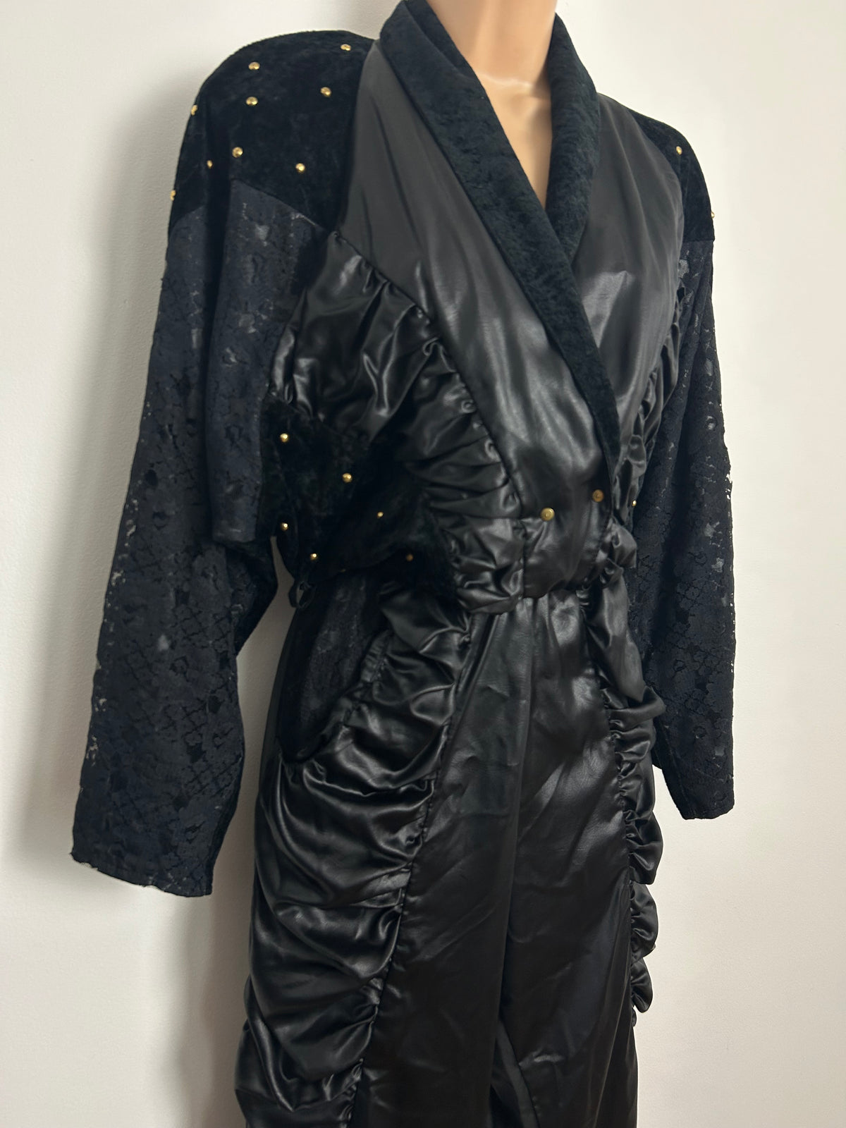 Vintage Extreme 1980s ST DENIS Size 10 Black Ruched Wet Look Studded New Romantic Gothic Vibes Jumpsuit