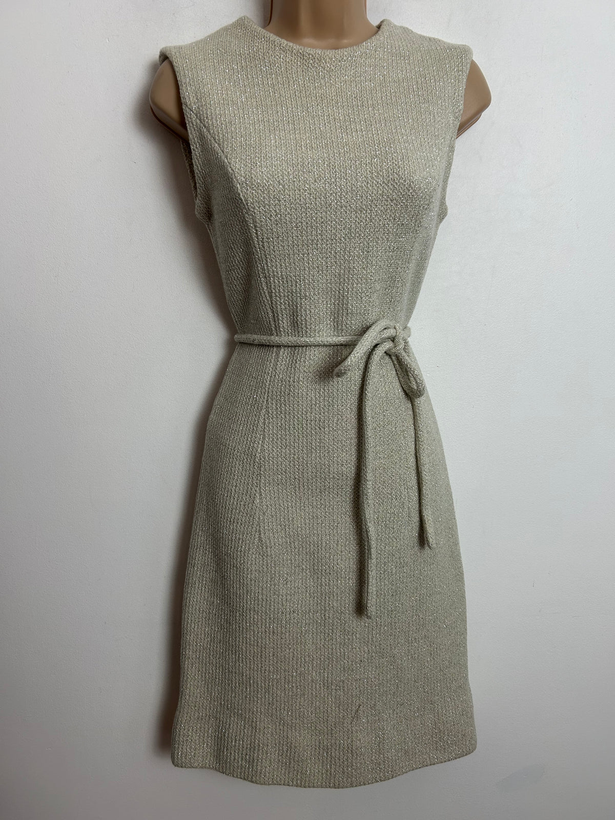 Vintage 1960s UK Size 6-8 Winter White & Silver Metallic Thread Belted Xmas Party Mod Dress